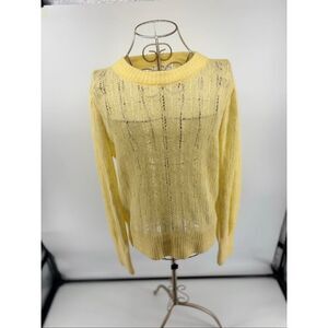 Mango MNG Wool Blend Open Knit Crew Neck Sweater Size S Yellow Long Sleeve